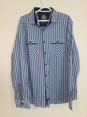 English Laundry Blue and Black Vertical Striped Button-Down Shirt